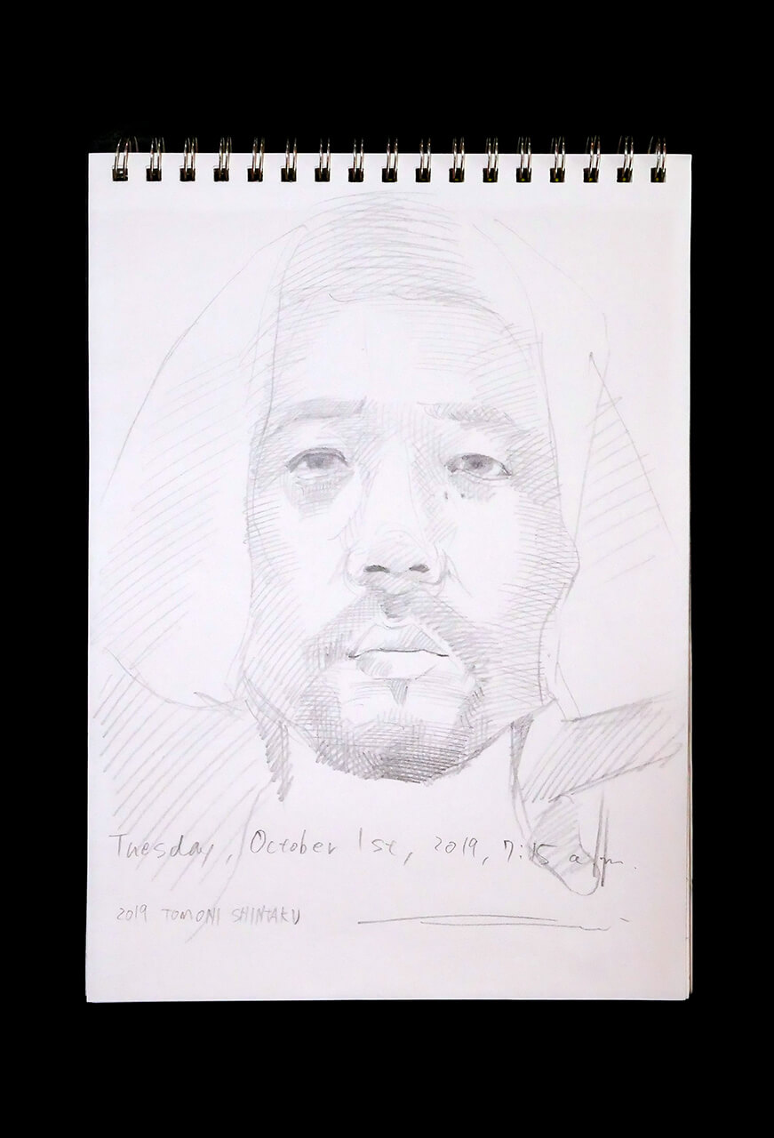 現代美術家の新宅睦仁(シンタクトモニ)の2019年10月1日の自画像/鉛筆ドローイング