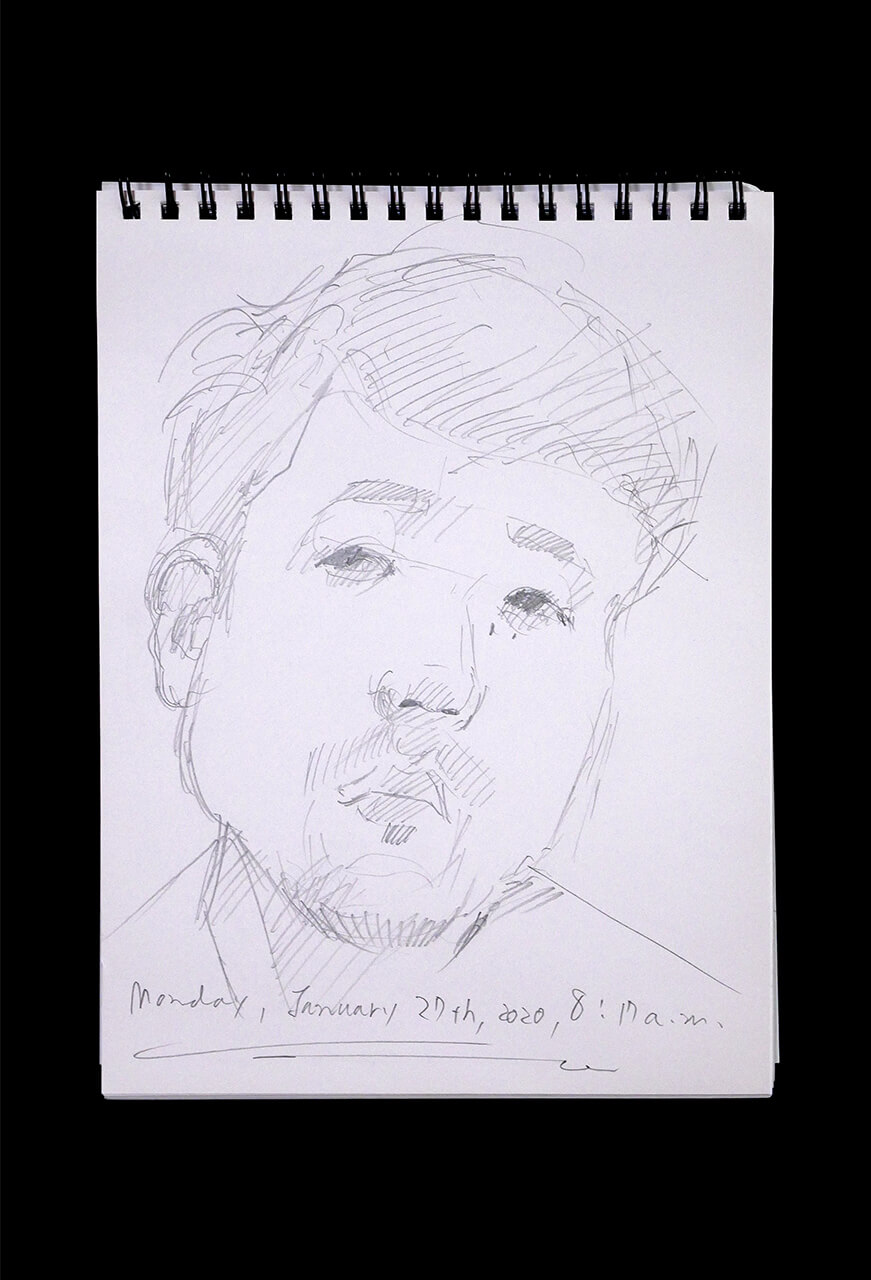 現代美術家の新宅睦仁(シンタクトモニ)の2020年1月27日の自画像/鉛筆ドローイング