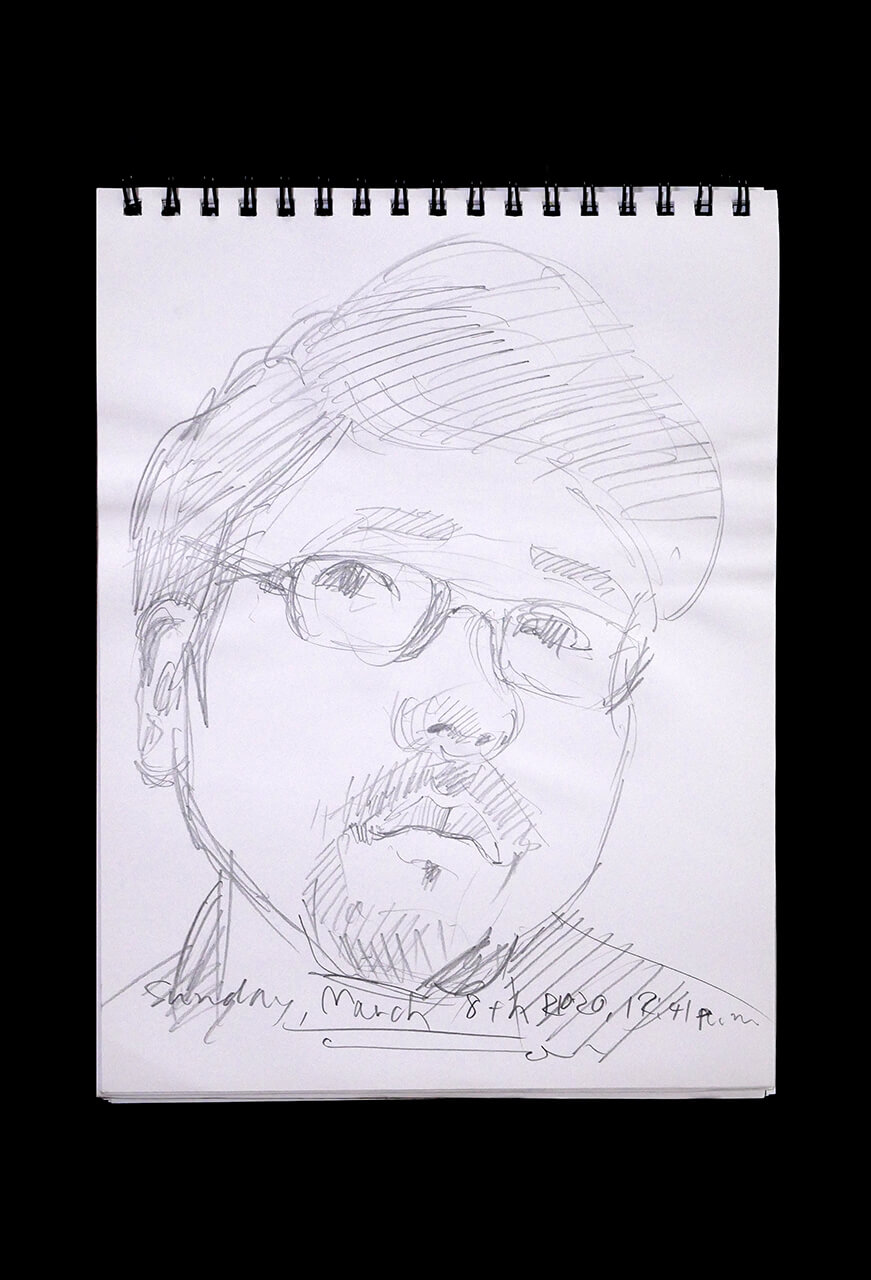 現代美術家の新宅睦仁(シンタクトモニ)の2020年3月8日の自画像/鉛筆ドローイング