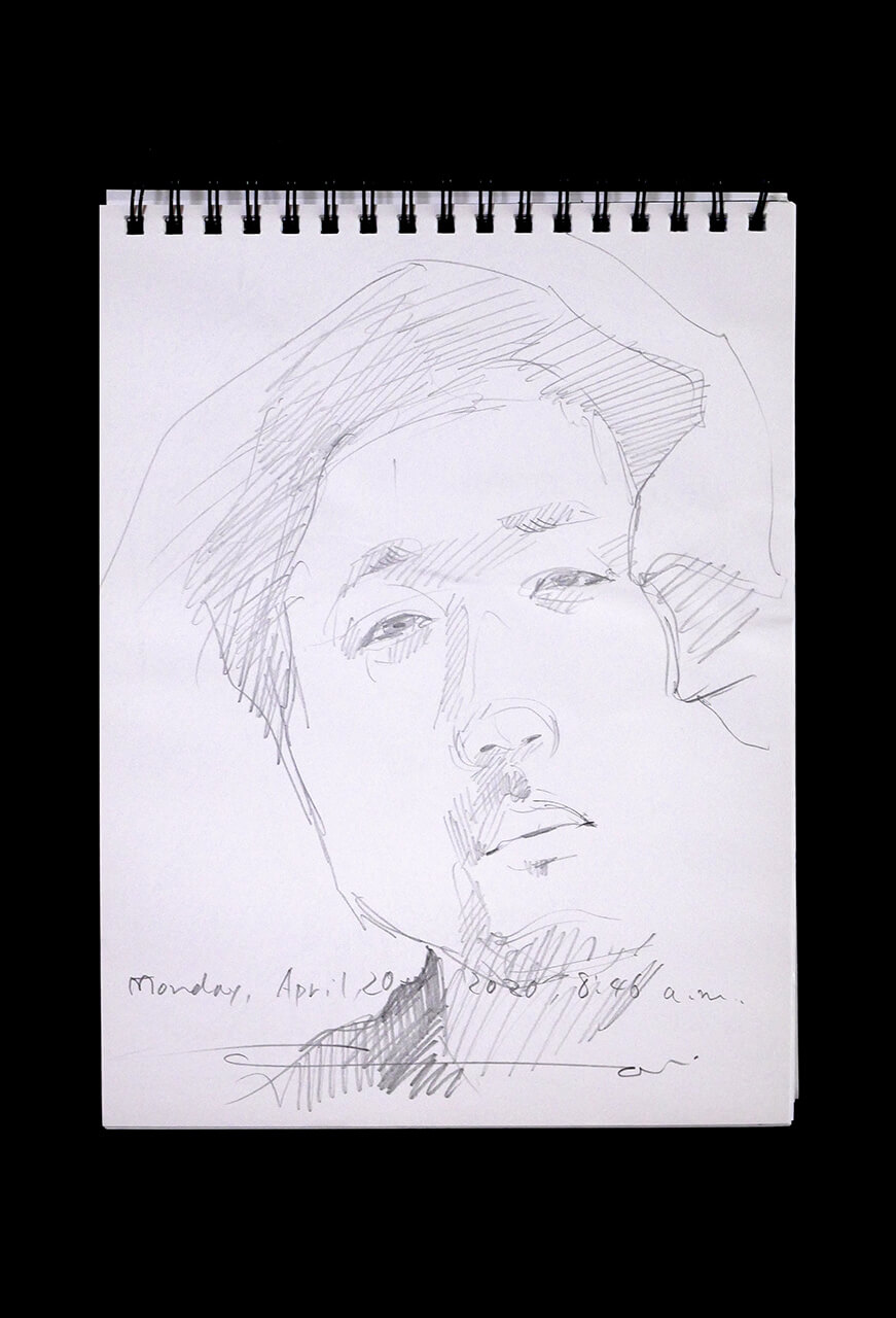 現代美術家の新宅睦仁(シンタクトモニ)の2020年4月20日の自画像/鉛筆ドローイング