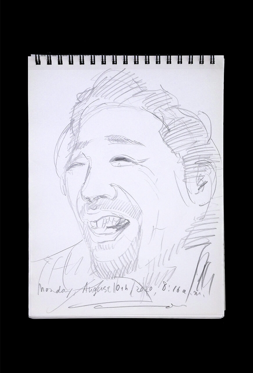 現代美術家の新宅睦仁(シンタクトモニ)の2020年8月10日の自画像/鉛筆ドローイング