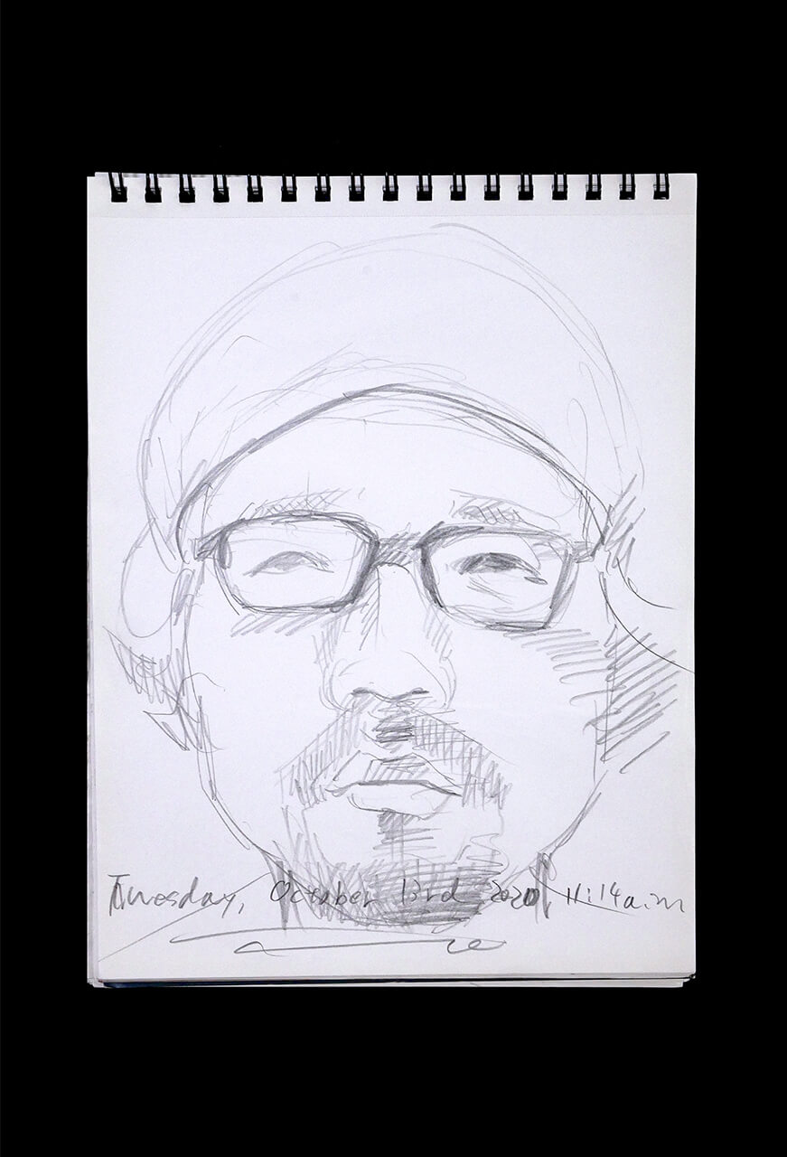 現代美術家の新宅睦仁(シンタクトモニ)の2020年10月13日の自画像/鉛筆ドローイング