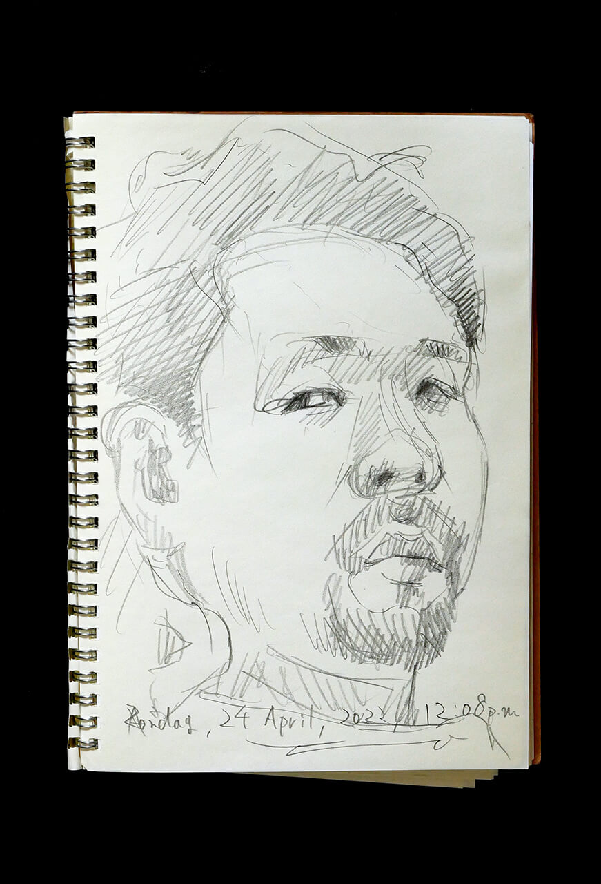 現代美術家の新宅睦仁(シンタクトモニ)の2022年4月24日の自画像/鉛筆ドローイング