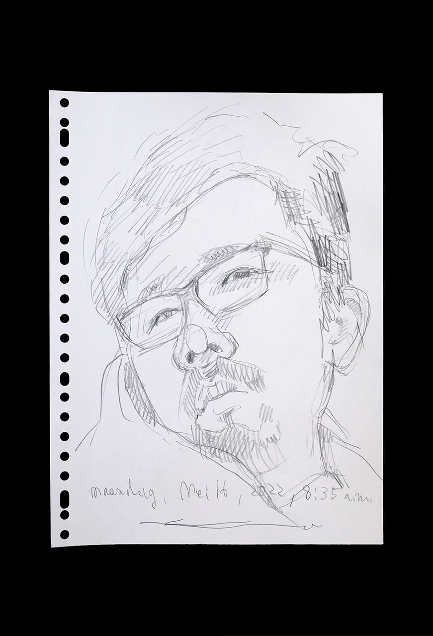 現代美術家の新宅睦仁(シンタクトモニ)の2022年5月16日の自画像/鉛筆ドローイング