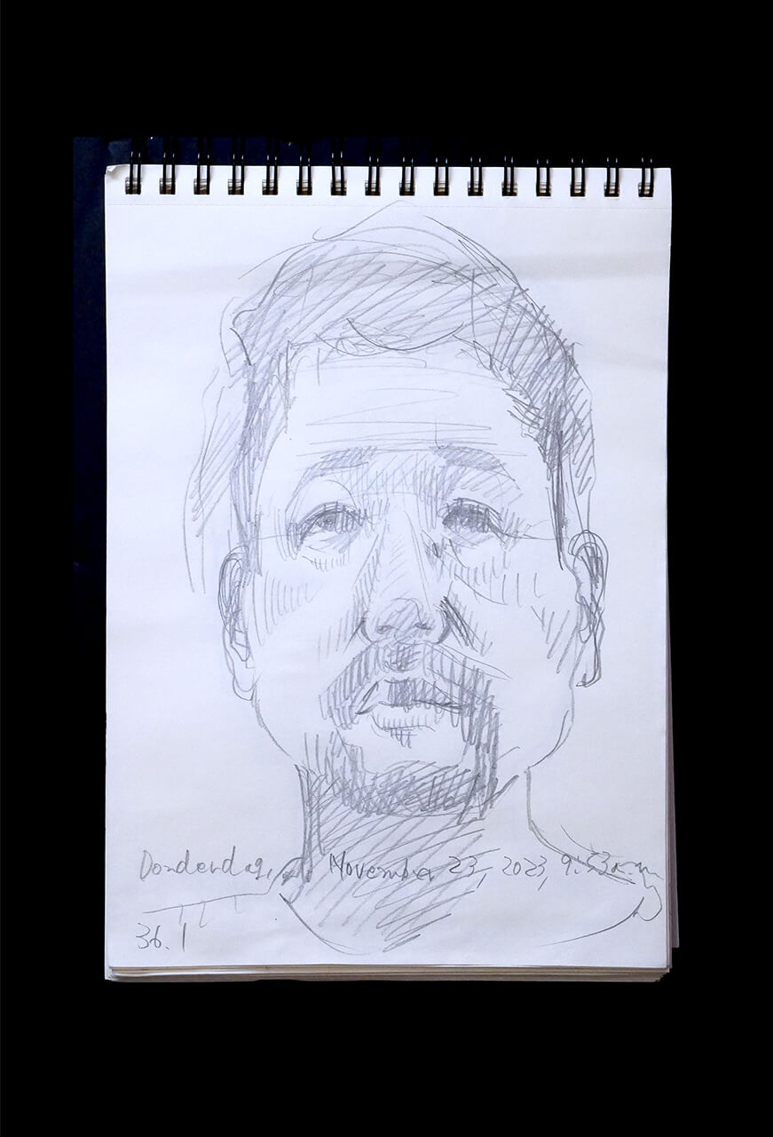 現代美術家の新宅睦仁(シンタクトモニ)の2023年11月23日の自画像/鉛筆ドローイング