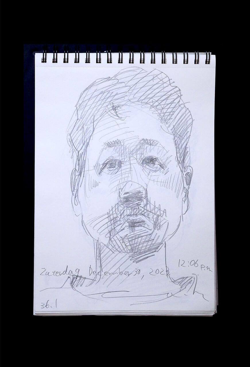 現代美術家の新宅睦仁(シンタクトモニ)の2023年12月30日の自画像/鉛筆ドローイング