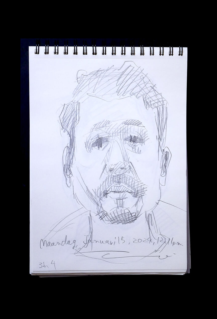 現代美術家の新宅睦仁(シンタクトモニ)の2024年1月15日の自画像/鉛筆ドローイング