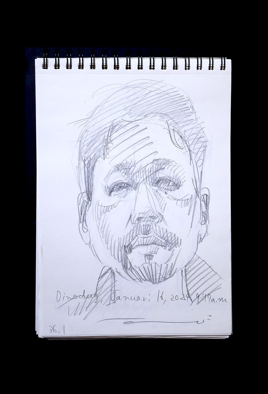 現代美術家の新宅睦仁(シンタクトモニ)の2024年1月16日の自画像/鉛筆ドローイング