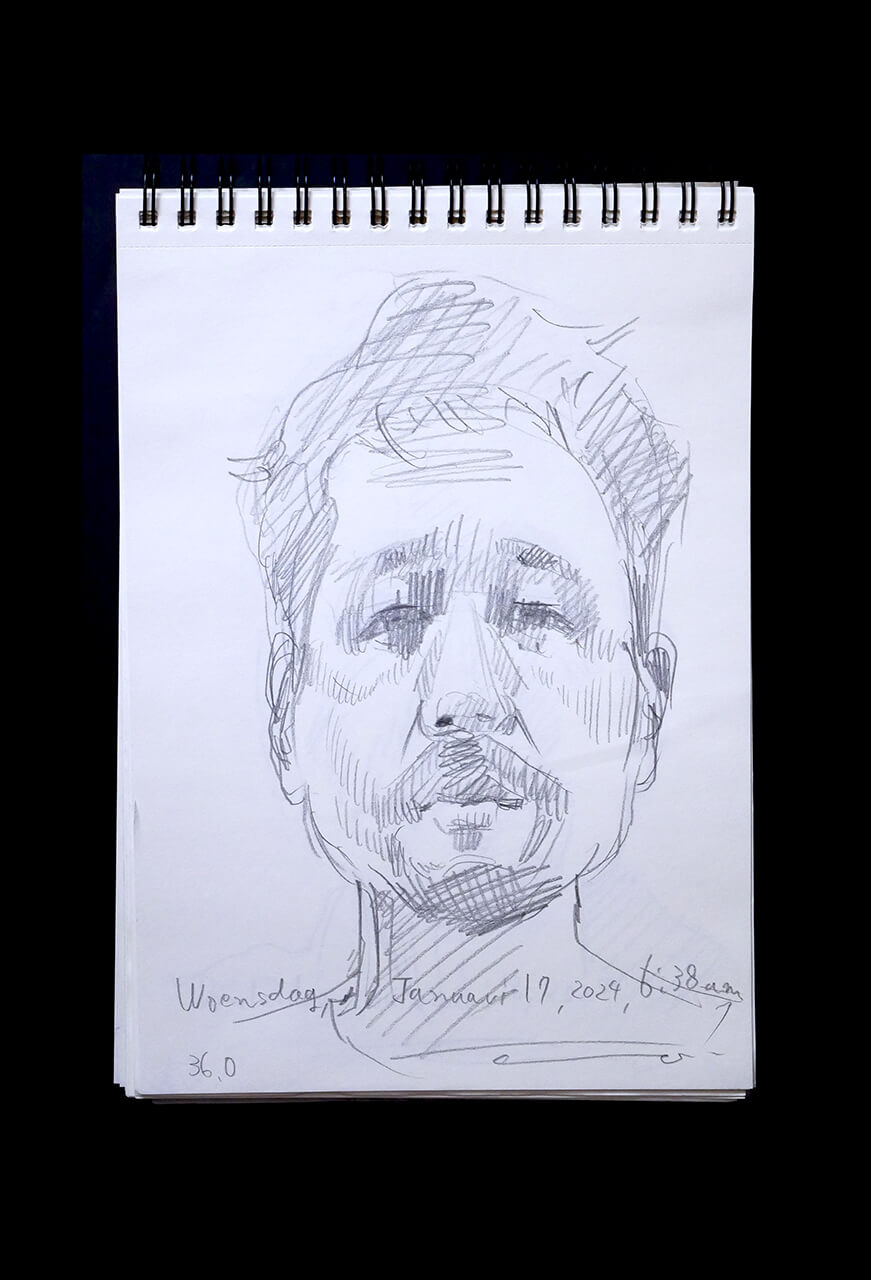 現代美術家の新宅睦仁(シンタクトモニ)の2024年1月17日の自画像/鉛筆ドローイング