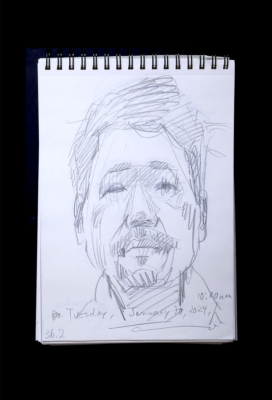 現代美術家の新宅睦仁(シンタクトモニ)の2024年1月30日の自画像/鉛筆ドローイング