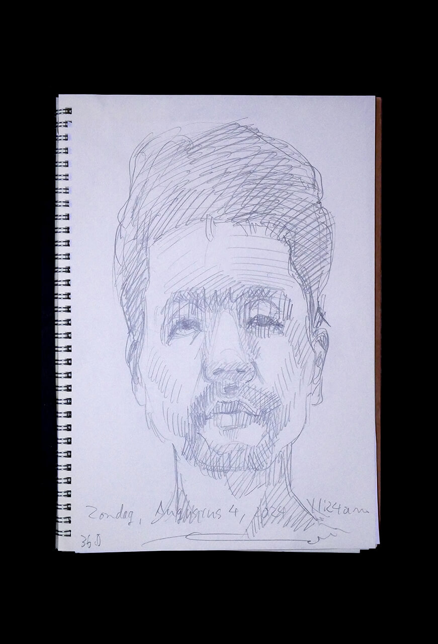 現代美術家の新宅睦仁(シンタクトモニ)の2024年8月4日の自画像/鉛筆ドローイング